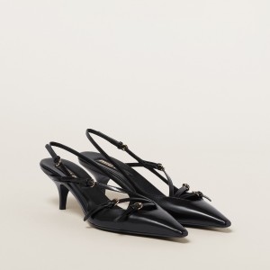 Miu Miu Brushed Leather Slingbacks With Buckles Black