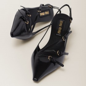 Miu Miu Brushed Leather Slingbacks With Buckles Black