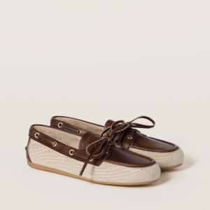 Miu Miu Canvas And Bleached Leather Boat Shoes Beige Brown