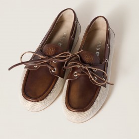 Miu Miu Canvas And Bleached Leather Boat Shoes Beige Brown