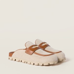 Miu Miu Canvas And Leather Mules Beige Brandy