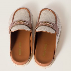 Miu Miu Canvas And Leather Mules Beige Brandy