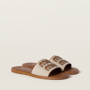 Miu Miu Canvas And Leather Slides Beige Brandy