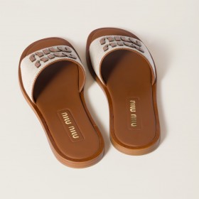 Miu Miu Canvas And Leather Slides Beige Brandy