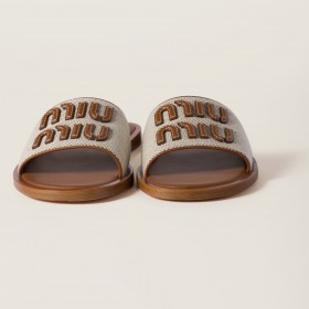 Miu Miu Canvas And Leather Slides Beige Brandy