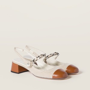 Miu Miu Canvas And Leather Slingback Pumps Beige Brandy