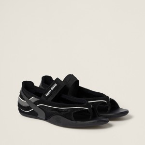 Miu Miu Gymnasium Technical Fabric Thong Ballerinas Black Anthracite Gray