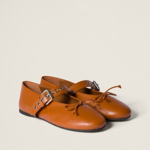 Miu Miu Leather Ballerinas Cognac