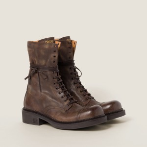 Miu Miu Leather Laced Booties Cocoa Brown