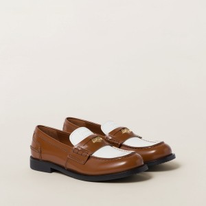 Miu Miu Leather Penny Loafers Cognac White