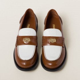Miu Miu Leather Penny Loafers Cognac White