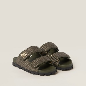 Miu Miu Raffia Effect Woven Fabric Slides Military Green