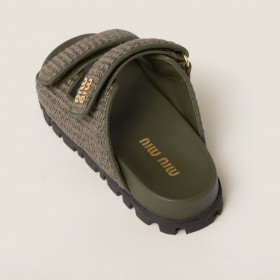 Miu Miu Raffia Effect Woven Fabric Slides Military Green