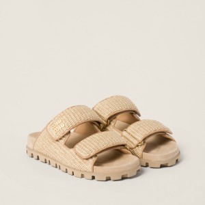 Miu Miu Raffia Effect Woven Fabric Slides Natural