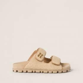 Miu Miu Raffia Effect Woven Fabric Slides Natural