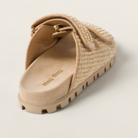 Miu Miu Raffia Effect Woven Fabric Slides Natural