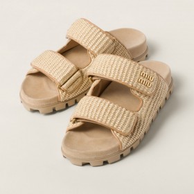 Miu Miu Raffia Effect Woven Fabric Slides Natural
