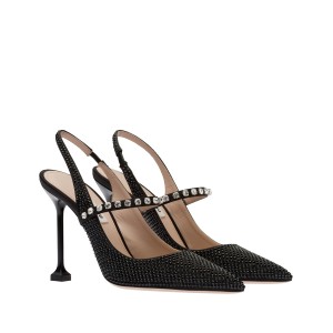 Miu Miu Satin Slingback Pumps With Crystals Black