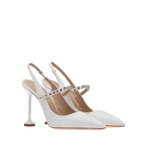 Miu Miu Satin Slingback Pumps With Crystals White