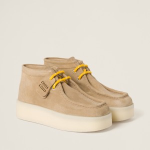 Miu Miu Suede Delave Wedge Ankle Boots Ecru