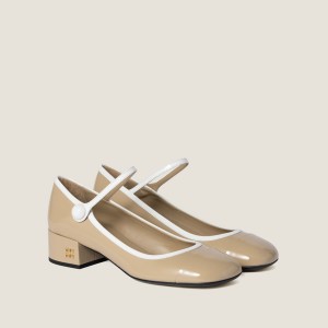 Miu Miu Two Tone Patent Leather Mary Jane Pumps Sand White