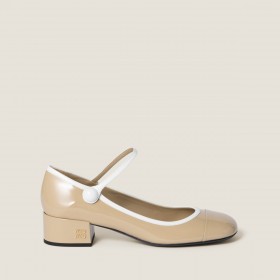 Miu Miu Two Tone Patent Leather Mary Jane Pumps Sand White