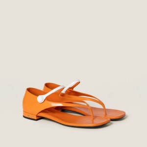 Miu Miu Two Tone Patent Leather Mary Jane Thong Sandals Orange White