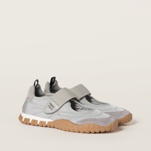 Miu Miu Tyre Technical Fabric And Suede Ballerinas Cloudy Gray