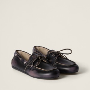 Miu Miu Unlined Bleached Leather Boat Shoes Black