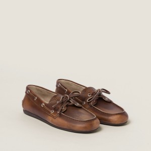 Miu Miu Unlined Bleached Leather Boat Shoes Sienna