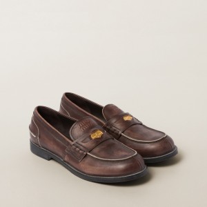 Miu Miu Vintage Effect Leather Penny Loafers Ebony