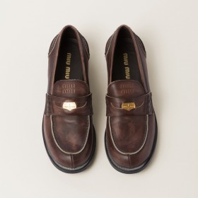 Miu Miu Vintage Effect Leather Penny Loafers Ebony