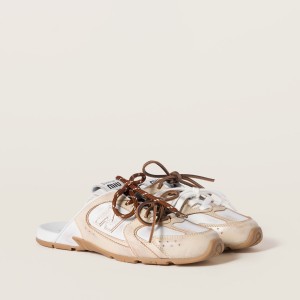 New Balance X Miu Miu 530 SL Deco Calf Leather Mules Travertine Gray White